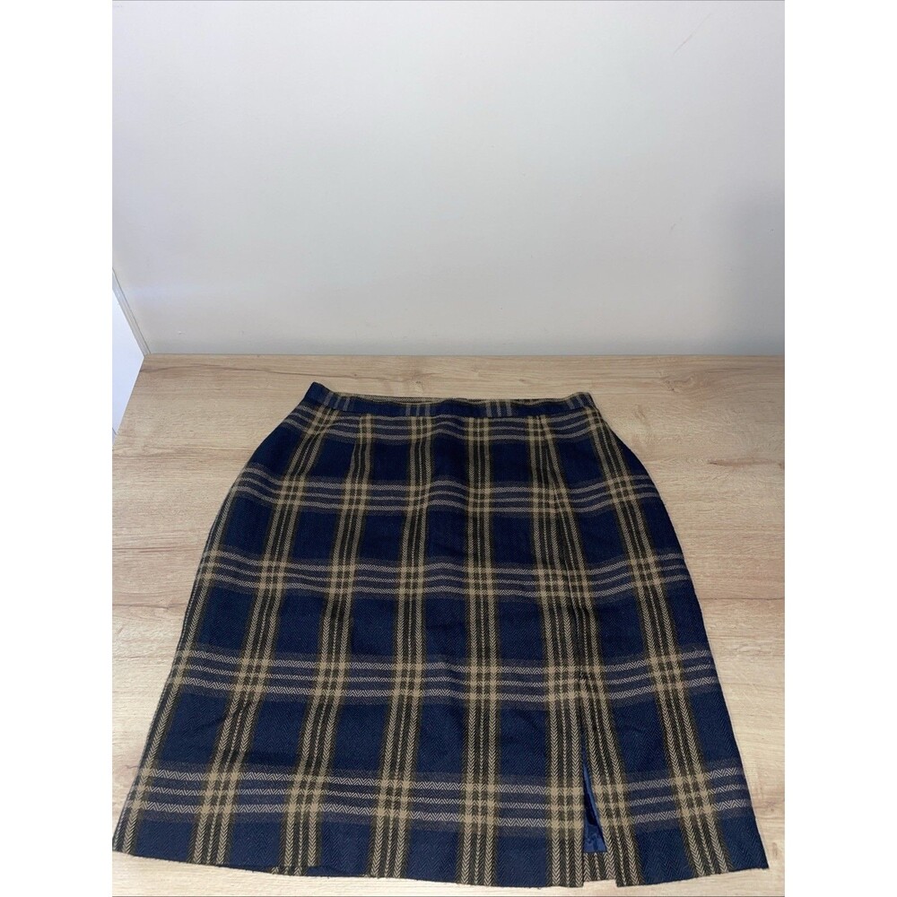 Savannah 6 Navy Tan Plaid Wool Skirt Pencil Mini Slit Preppy Old Money 90s